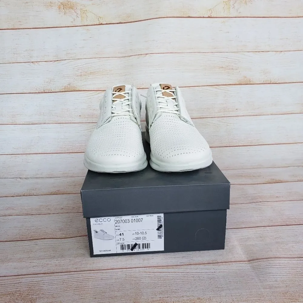 ECCO Women Leather Aquet Perforated Tie Oxford Walking Shoe Sneakers White Tan